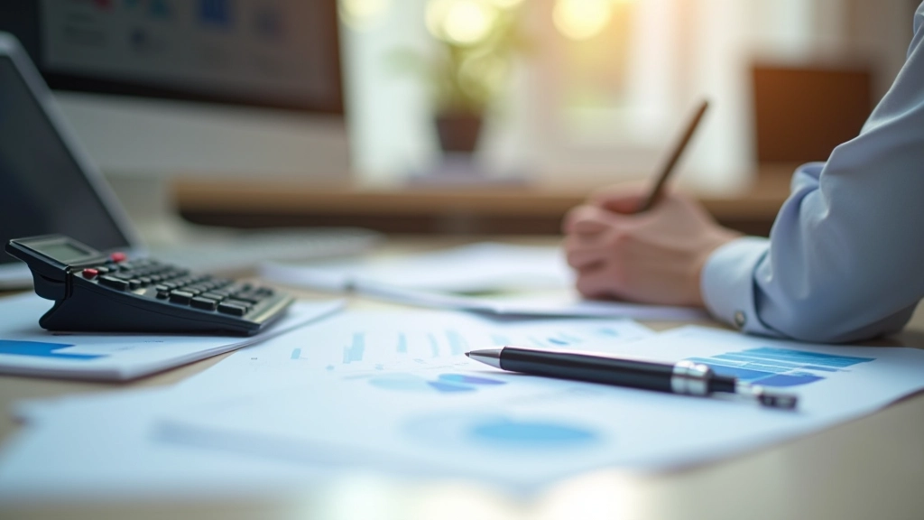 Biuro aplinka su kompiuteriu, skaičiavimo mašina ir finansinėmis ataskaitomis